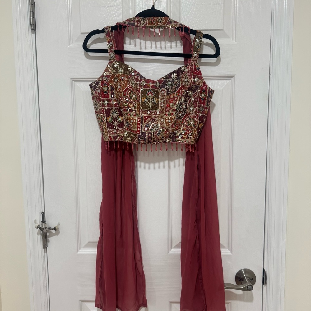 Womens Indian Pakistani Suit Set Palazzo Pants Crop Top Pink Red Color Size 34